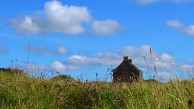 An old abandoned house, against a blue sky with clouds, green grass, Ireland