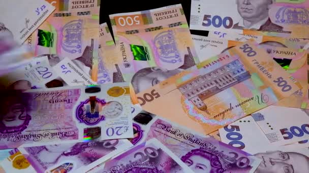 Bankovky Anglická Libra Dolar Euro Close Tmavém Bílém Pozadí — Stock video