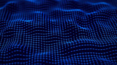 Karanlık arkaplanda noktalar olan dijital tepe dalgaları. Gelecekçi yapı. Büyük veri görselleştirmesi. 3B görüntüleme.