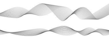 Arka plandaki pek çok gri çizginin yaratıcı dalgası izole edildi. Ses akışı şeklinde kıvrımlı hatlar. Soyut tasarım. Vektör illüstrasyonu.