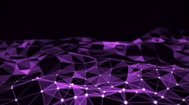 Ağ ya da internet bağlantısı teknolojisi. Üçgenler, noktalar ve çizgilerle soyut pembe cam zemin. Büyük veri görselleştirmesi. 3B görüntüleme.