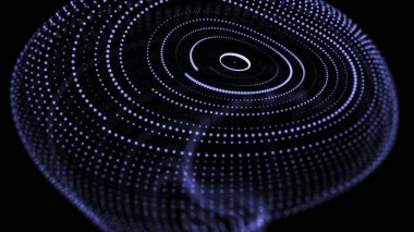 Karanlık arkaplandaki noktaların soyut küreleri. Dijital top titreşimi ve ses dalgası bağlantıları. 3B görüntüleme.