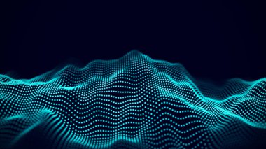 Karanlık arkaplanda noktalar ve çizgiler olan dijital dalga. Ağ bağlantısının gelecekteki soyut yapısı. Büyük veri görselleştirmesi. 3B görüntüleme.