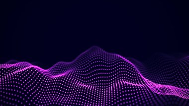 Karanlık arka planda noktalar olan dalgalar. Eğimli fütüristik yapı. Büyük veri görselleştirmesi. 3B görüntüleme.