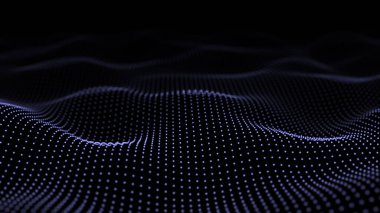 Karanlık arkaplanda noktalar olan dijital dalga. Ağ bağlantısı ya da peyzajın gelecekteki soyut yapısı. Büyük veri görselleştirmesi. 3B görüntüleme.