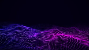 Koyu arkaplanda noktalar ve çizgiler olan dijital eğimli dalga. Büyük veri görselleştirmesi. 3B görüntüleme.