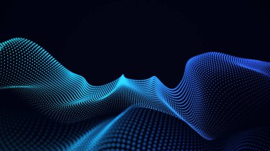Koyu arkaplanda yarım tonluk noktalar olan dijital eğimli dalga. Büyük veri görselleştirmesi. 3B görüntüleme.