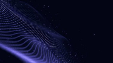 Karanlık zemin üzerinde noktalar ve parçacıklar olan dijital dalga. Büyük veri görselleştirmesi. 3B görüntüleme.