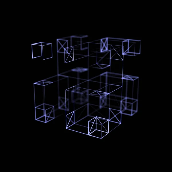 Abstract lines connection in the shape of cube. Mesh square with flying debris. Global digital futuristic technology of network. 3d rendering.