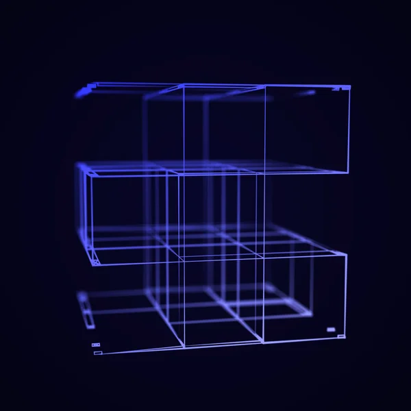 抽象的渐变线连接成箱形 带结构颗粒的网状正方形 房子的框架 网络的数字未来技术 3D渲染 — 图库照片