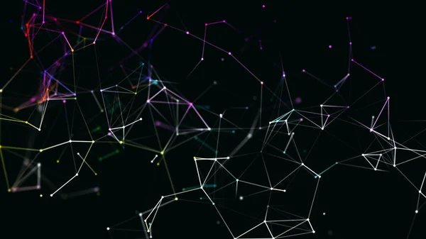 Bunte Netzwerkverbindung Hintergrund Abstrakte Verzerrte Technologiestruktur Mit Punkten Und Linien — Stockfoto
