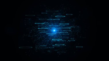 Mavi küreler nükleer patlama arka planında. Ağ soyut parçacıkları. Küresel dijital fütürist teknoloji. Büyük veri görselleştirmesi. 3B görüntüleme.