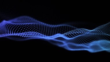 Siyah arkaplanda mavi yarım ton dalga. Fütüristik soyut yapı veya ağ bağlantısı. Büyük veri görselleştirmesi. 3B görüntüleme.