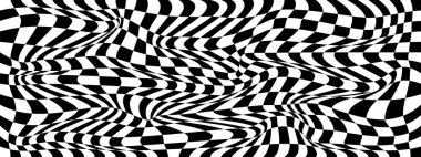 Soyut siyah-beyaz satranç dokusu 3D arka plan. İllüzyon etkisiyle dalga deseni. Vektör illüstrasyonu.