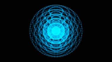 Noktaları ve çizgileri olan üç boyutlu parlayan küre. Soyut küresel teknoloji ya da atom yapısı. Büyük veri görselleştirmesi. 3B görüntüleme.