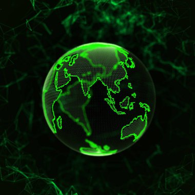 Ağ bağlantısı olan gezegen şeklinde 3D yeşil küre. Dünya 'nın soyut küresel yapısı. Büyük veri görselleştirmesi. 3B görüntüleme.