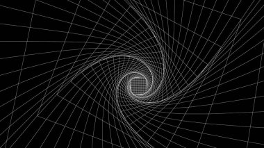 Siyah arka planda gelecekçi beyaz şebeke kutusu. Tel çerçeve sonsuzluk odası, ağ bağlantı teknolojisi. Dijital portal deseni. Vektör illüstrasyonu.