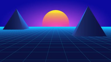 Pembe ve mavi ufukta dijital 3D retro gün batımı. 1980 'lerin gelecek eğilimli arka planı. Neon piramitler. Büyük Data görselleştirme. Vektör illüstrasyonu.