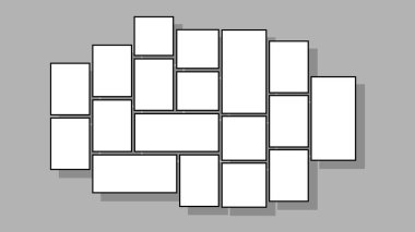 Beyaz 3D karikatür kolajı gri arka planda boş çerçeveler. Fotoğraf parçaları, dekor ve iç mekan için şablonlar. Vektör illüstrasyonu.