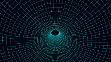 Çerçeve solucan deliğinin gelecekteki soyut dokusu. 3D portal deliği ızgara arka planı. Web sitesi ve afiş tasarımı için. Büyük veri görselleştirmesi. Vektör illüstrasyonu.