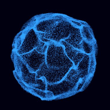 Top şeklindeki soyut ses küresi. Uçan mavi enkazlı dalgalı ağ yapısı. Modern fütürist fon. 3d oluşturma.