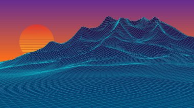Gün batımının ufukta göründüğü fütürist retro manzara. 1980 'lerin dijital arka planı. Mavi neon dağları. Büyük Data görselleştirme. Vektör illüstrasyonu.