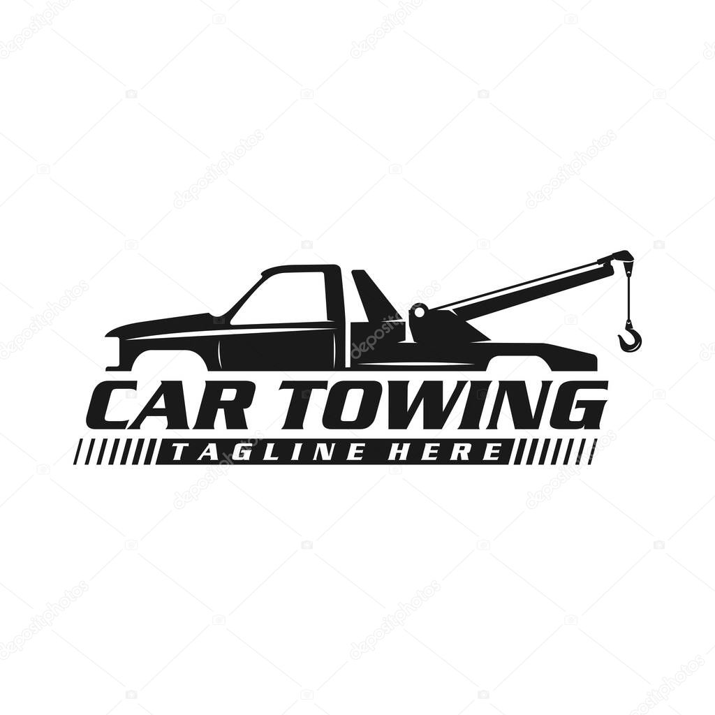Towing truck take a classic car logo vector