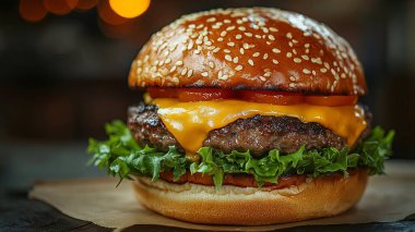 Susamlı çörek, marul, domates ve erimiş peynirli bir cheeseburger..