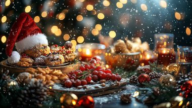 Çok güzel dekore edilmiş bir Noel sofrası çeşitli hediyeler, mumlar ve Noel süslemeleri, hepsi yumuşak bir kar yağışıyla kaplı..