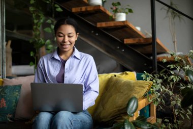 Genç Afro-Amerikan bayan serbest yazar rahat koltukta oturuyor ve rahat bir odada rahat bir oda dolusu bitki ve boş alan ile dizüstü bilgisayarla çalışıyor. Serbest İşadamı, küçük işletme konsepti
