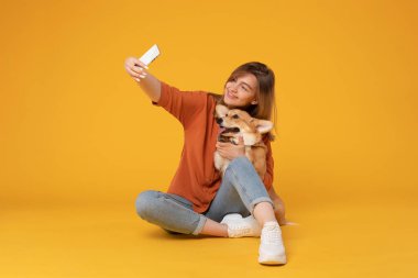 Heyecanlı Avrupalı kadın güzel Corgi köpeğiyle selfie çekiyor, telefon kamerasına bakıyor ve sarı stüdyo arka planında izole edilmiş evcil hayvanı kucaklıyor.