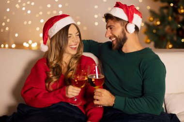 Gülen kadın ve Noel Baba şapkalı adam, kadehler kadeh kaldırır, konuşur ve Noel ağacı ve çelenklerle oturma odasında tatilin tadını çıkarırlar.