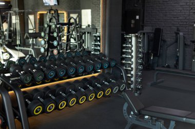 Çeşitli dambıllara odaklı karanlık spor salonu. Ağırlıklarla çevrili bu yoğun atmosferde egzersiz yapmaya hazır olun.