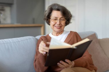 Mutlu yaşlı kadın rahat bir koltukta oturup ilginç kitaplar okuyor, hafta sonları evde en sevdiği romanla eğleniyor.