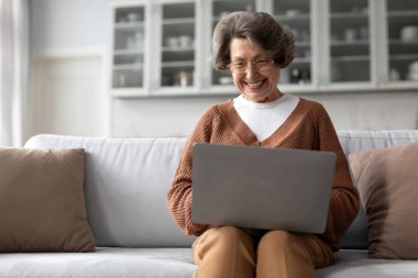 Mutlu yaşlı kadın rahat koltuğunda oturuyor, web sörfü ya da video aramaları için dizüstü bilgisayar kullanıyor, evine neşe ve modern teknoloji getiriyor.