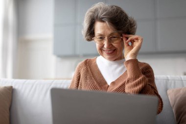 Kanepede gülümseyen, dizüstü bilgisayarın keyfini çıkaran, internete göz atan, video görüşmesi yapan, evine mutluluk ve teknoloji ekleyen son sınıf öğrencisi.