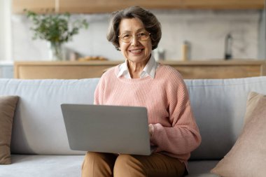 Oturma odasında dizüstü bilgisayarla oturan, internetten alışveriş yapan, bilgisayar kullanan, hafta sonları evde dinlenen, gülümseyen, yaşlı kadın.
