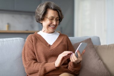 E- bankacılık e-ticareti için akıllı cep telefonu kullanan, sosyal medyada internette gezinen yaşlı, yaşlı beyaz kadın büyükannenin yakın plan çekilmiş fotoğrafı.