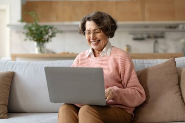 Diz üstü bilgisayar kullanan mutlu bir son sınıf öğrencisi, görüntülü konuşma, internette sohbet, komik filmler, evdeki kanepede dinlenme.