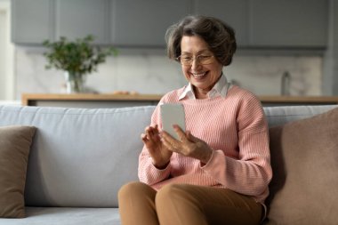 Zamana ayak uyduruyorum. Modern son sınıf öğrencisi kadın oturma odasında rahat bir koltukta oturuyor ve cep telefonu kullanıyor, haberlere bakıyor, kurye uygulamasında sohbet ediyor.