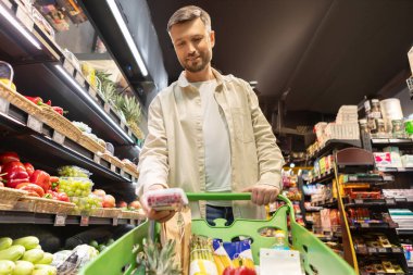 Modern süpermarketten ya da marketten meyve ve sebze alan yakışıklı bir adam, ailesi için ürünler seçiyor. Yaşam tarzı ve tüketim konsepti