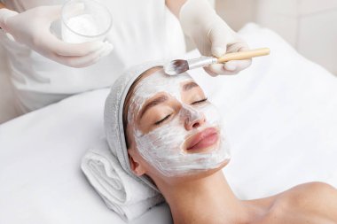 Güzellik uzmanı, genç bir kadının yüzüne kilden maske takıyor güzellik salonundaki güzellik tedavisinden hoşlanan bir kadın.
