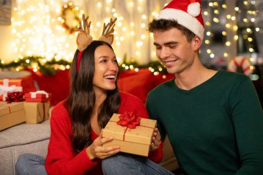 Erkek, süpriz kadın karısına Noel hediyesi veriyor. Süslü bir odada bir sürü çelenkle oturuyor. Mutlu yıllar.