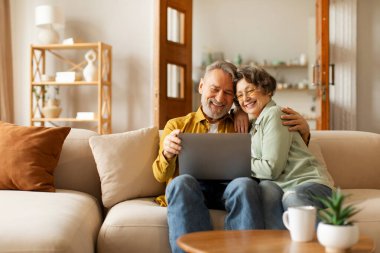 Üst düzey çift dizüstü bilgisayar kullanıyor, internetten tatil rezervasyonu yapıyor, akrabalarla internette veya video görüşmeleri yapıyor, evdeki kanepede dinleniyor, boş alan arıyor.