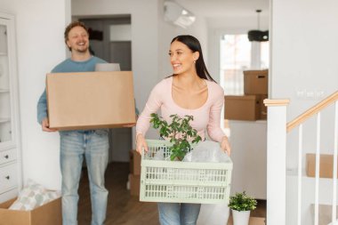 Karton kutular taşıyan tatmin olmuş eşler, saksı bitkileri, yeni bir eve taşınmak. Yer değiştirme, daire kirası ve mülkiyet