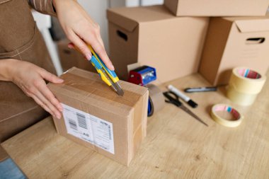 Postaneden aldığı karton kutuyu açarken kağıt bıçak kullanan kadın, çevrimiçi dükkandan paket alıyor, yakın çekim.
