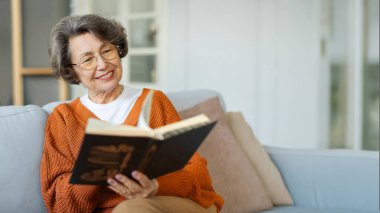 Kanepede oturup kitap okuyan, boş zamanlarının keyfini çıkaran, boş yerlerin olduğu bir panorama olan mutlu son sınıf kadını.