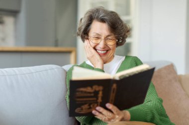 Kitap okurken dinlenen, koltukta oturan ve gülümseyen yaşlı, mutlu yaşlı kadın. Evde vakit geçirmek.