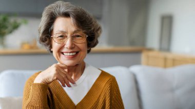 Neşeli yaşlı büyükanne evde dinleniyor, kameraya bakıyor ve gülümsüyor, mutlu gri saçlı yaşlı bayan kanepede oturuyor, panorama, boş alan