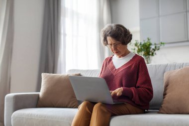 Üst düzey bir kadın dizüstü bilgisayar kullanmayı öğreniyor, oturma odasında kanepede otururken klavyede daktilo çalıyor. Teknoloji, yaşlılar için dijital okuryazarlık ve aktif yaşlanma. Yaşlılar arasında teknoloji kullanımı.